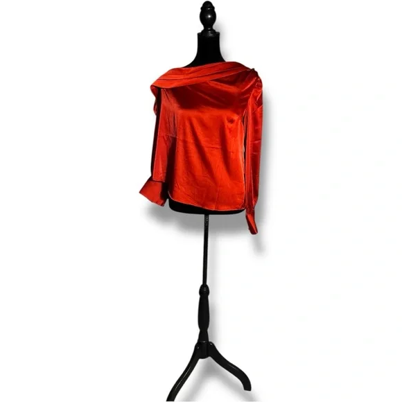 Express NWT Chic Scarlet Asymmetrical Long Sleeve Silky Cowl Neck Women's Blouse - Picture 3 of 16